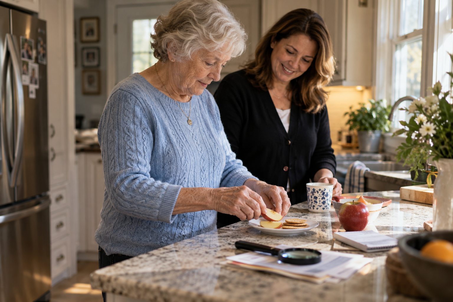 Caregiver, with a senior, cooking in the kitchen