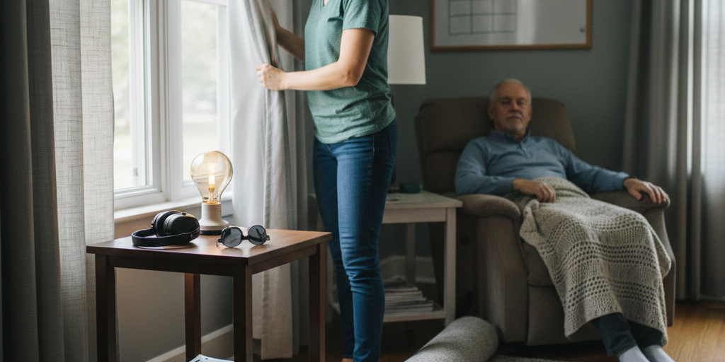 A specialized rehab assistant performing a TBI Home Care sensory audit by adjusting lighting and acoustics.