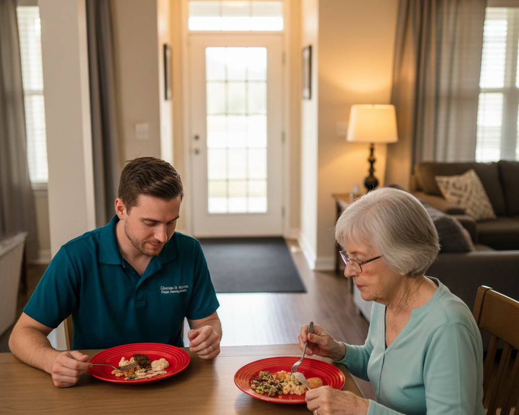 A specialized dementia caregiver in teal scrubs implementing the black mat trick and high-contrast red plate dining for senior safety.
