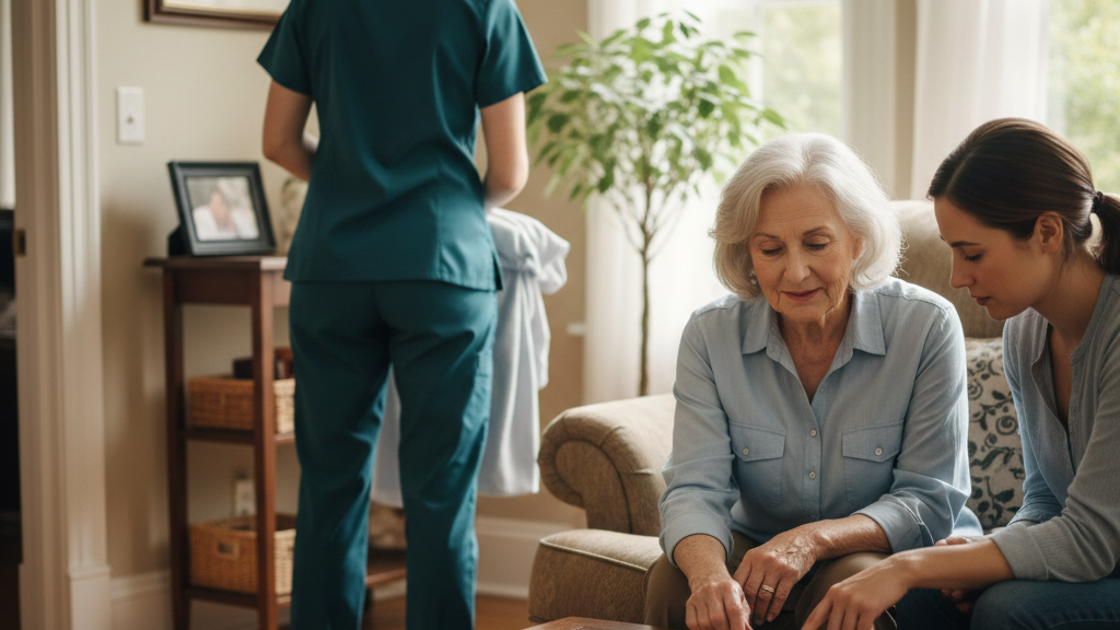 Wide shot of a memory care specialist in teal scrubs performing household chores in the background while a senior relaxes, demonstrating a stealth introduction.