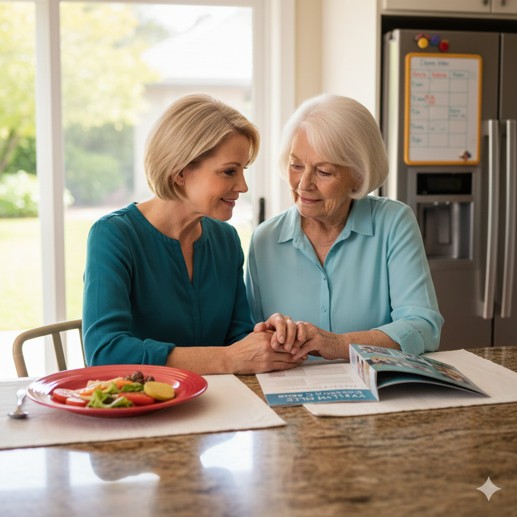 family member holding hands with an elderly loved one, reflecting on the decision to bring in professional memory care support.