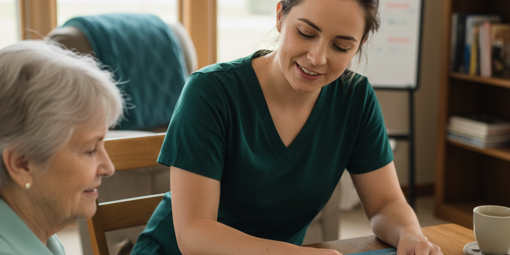 A memory care specialist in teal scrubs working on a puzzle with a senior to build a social bond.