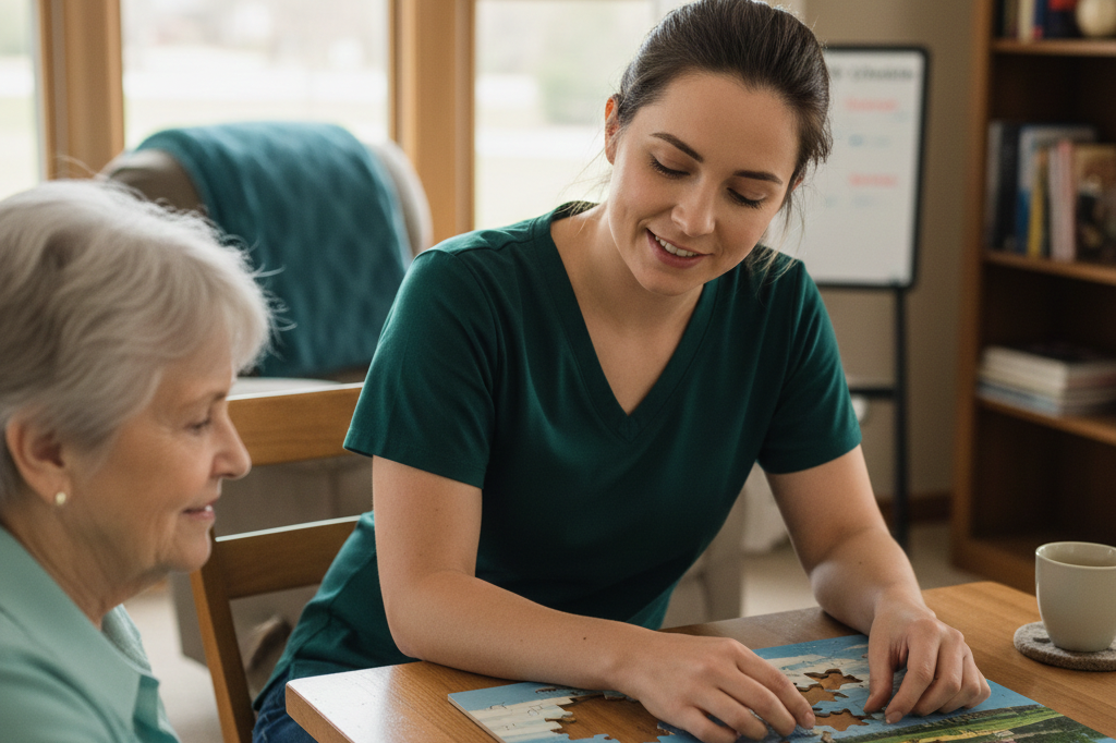 A memory care specialist in teal scrubs working on a puzzle with a senior to build a social bond.