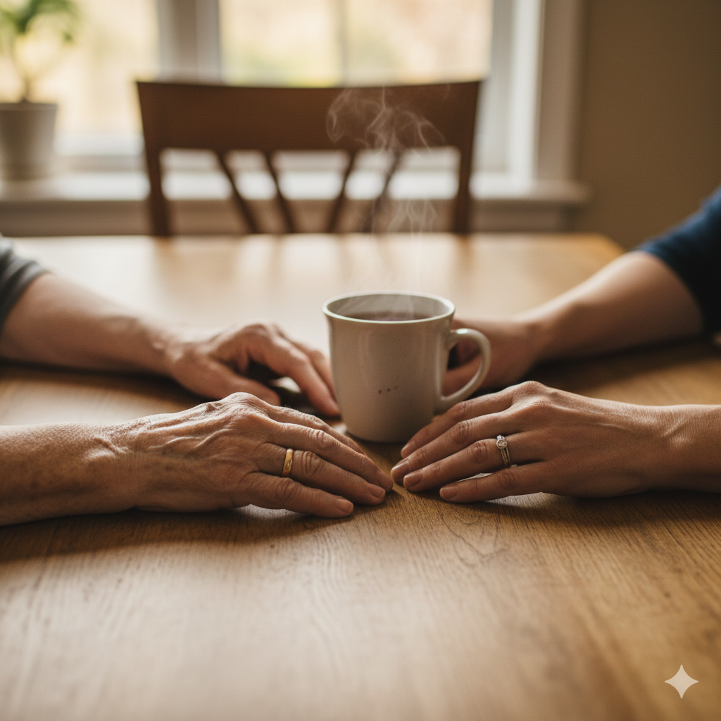 Two pairs of hands&mdash;one aging and spotted, one younger&mdash;resting near each other on a wooden dining table, but not quite touching, separated by a cold cup of tea.
