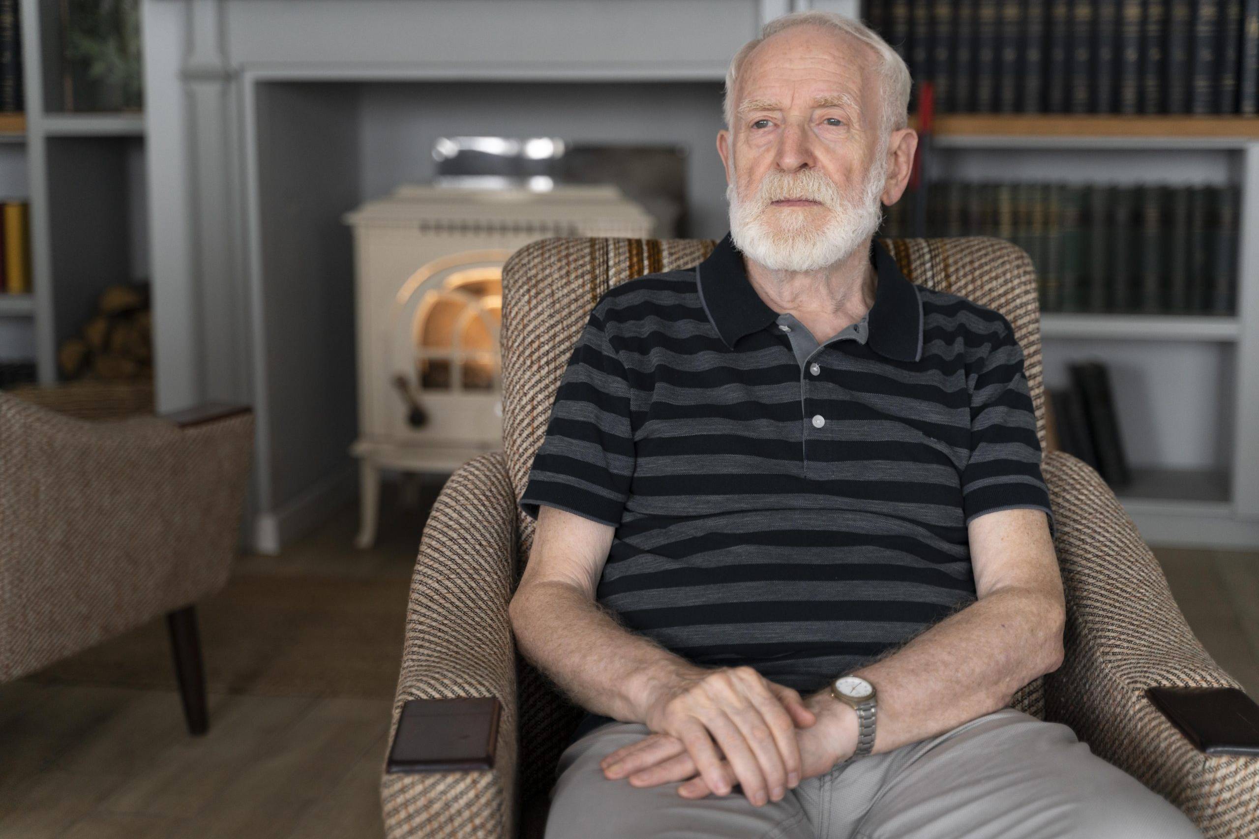 senior man sitting alone showing signs for professional memory care