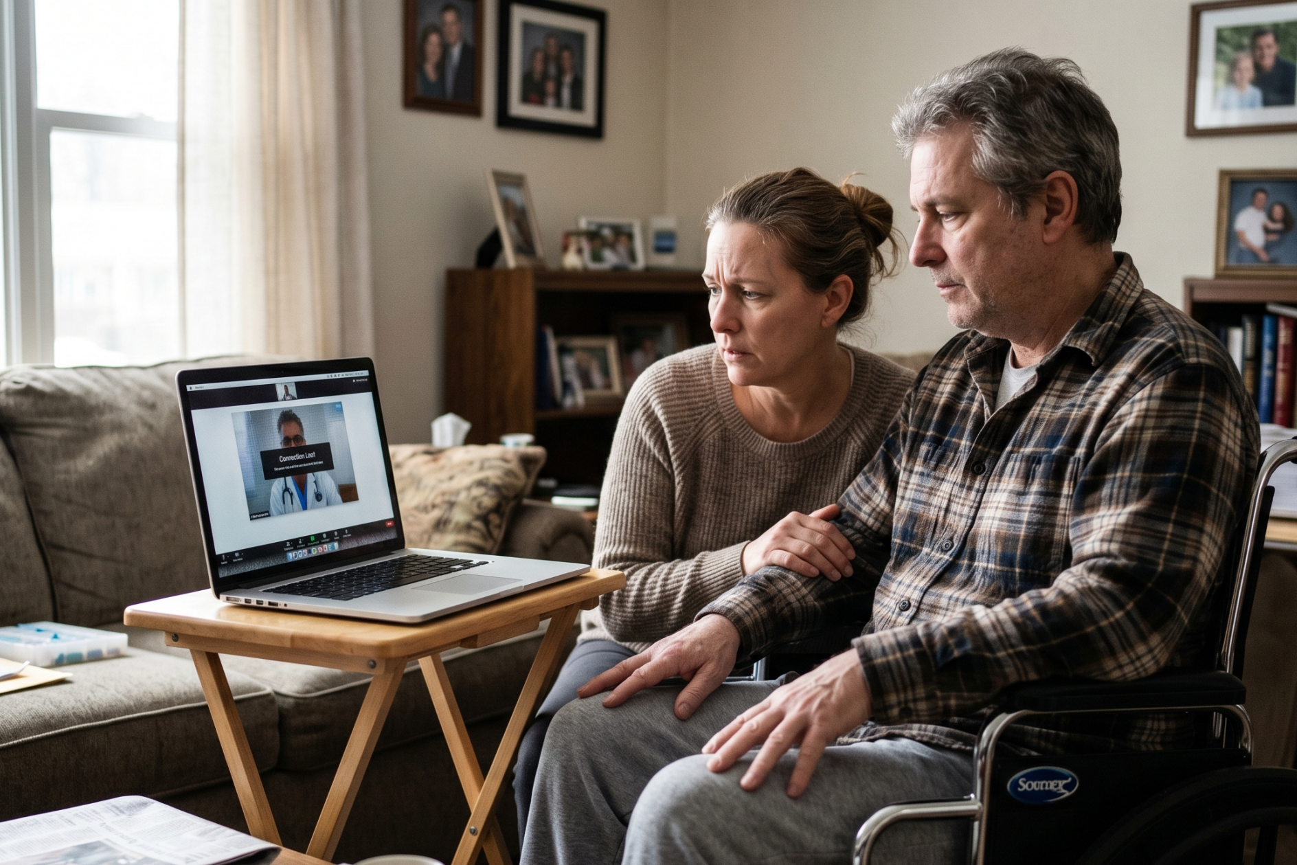 Caregiver and patient in a living room with a disconnected telehealth appointment on a laptop