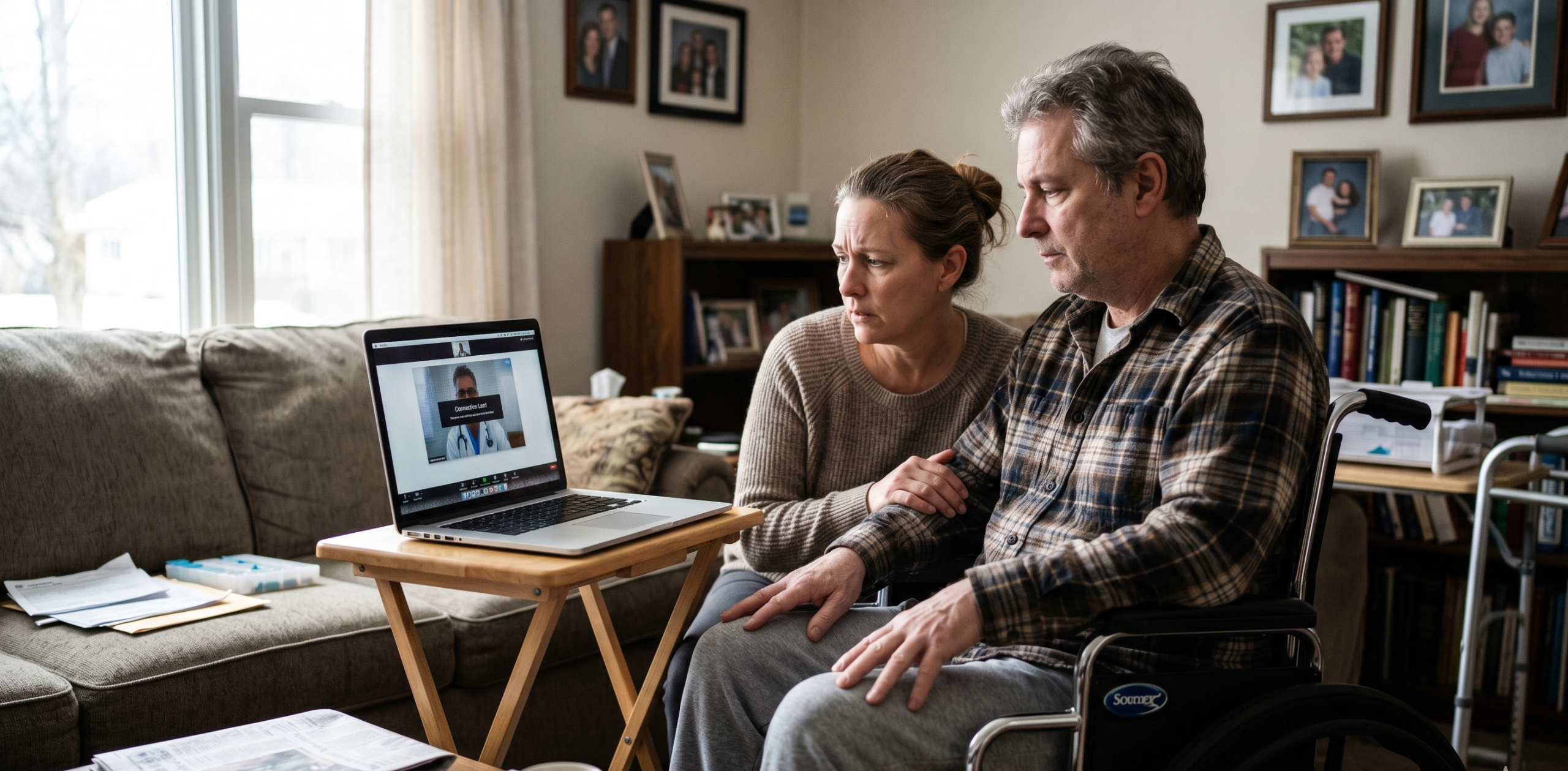 Caregiver and patient in a living room with a disconnected telehealth appointment on a laptop