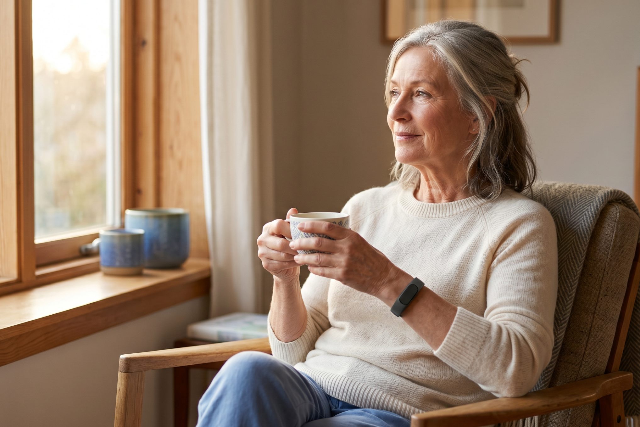 A side profile photo of a smiling woman in her early 70s sitting in a mid-century armchair by a sunlit window, holding a tea mug with a sleek, simple black wearable band on her wrist.