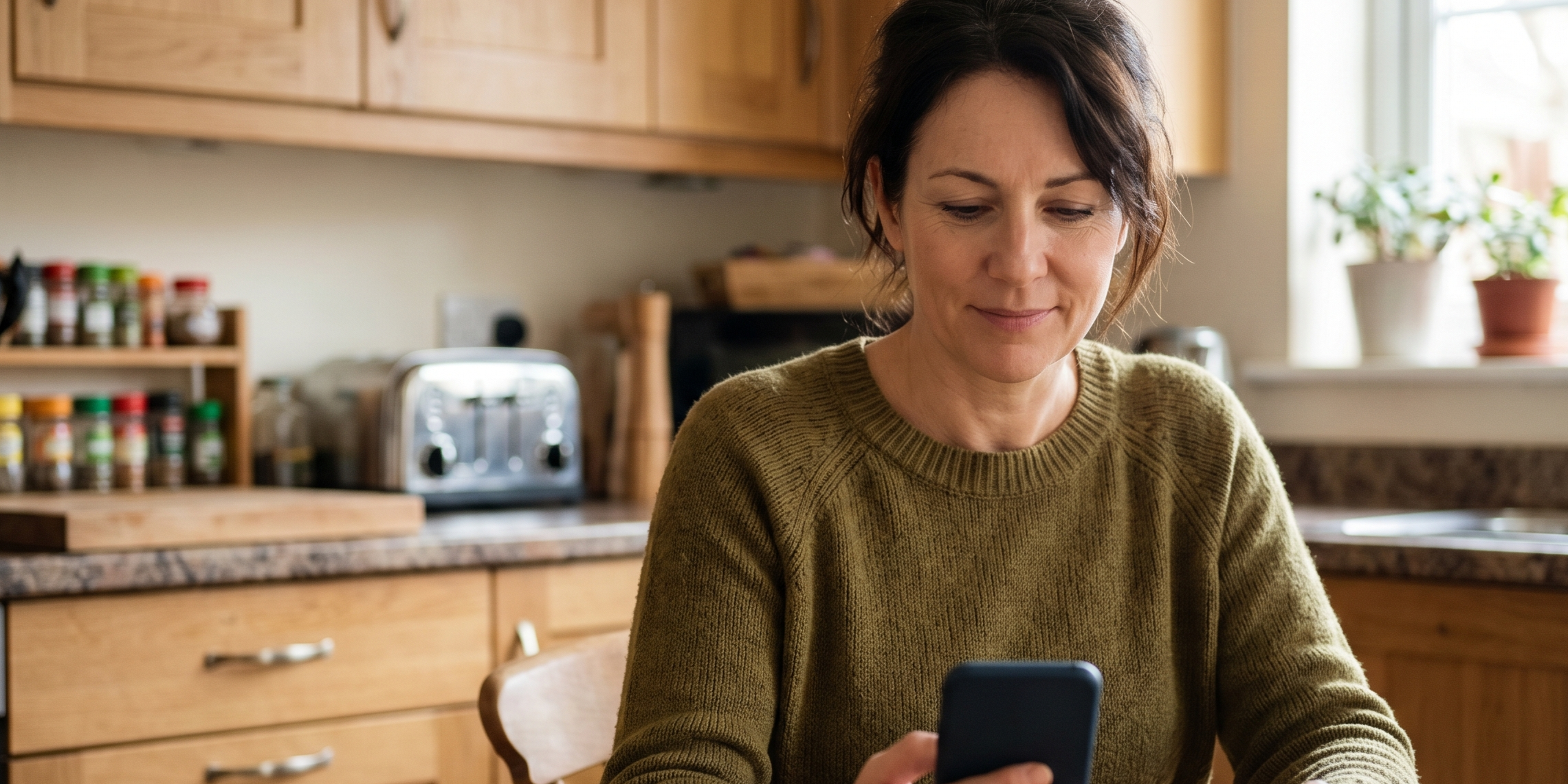 A candid photo of a woman in her late 40s sitting at a warm wooden kitchen table, looking down at her smartphone with a calm and relieved expression.