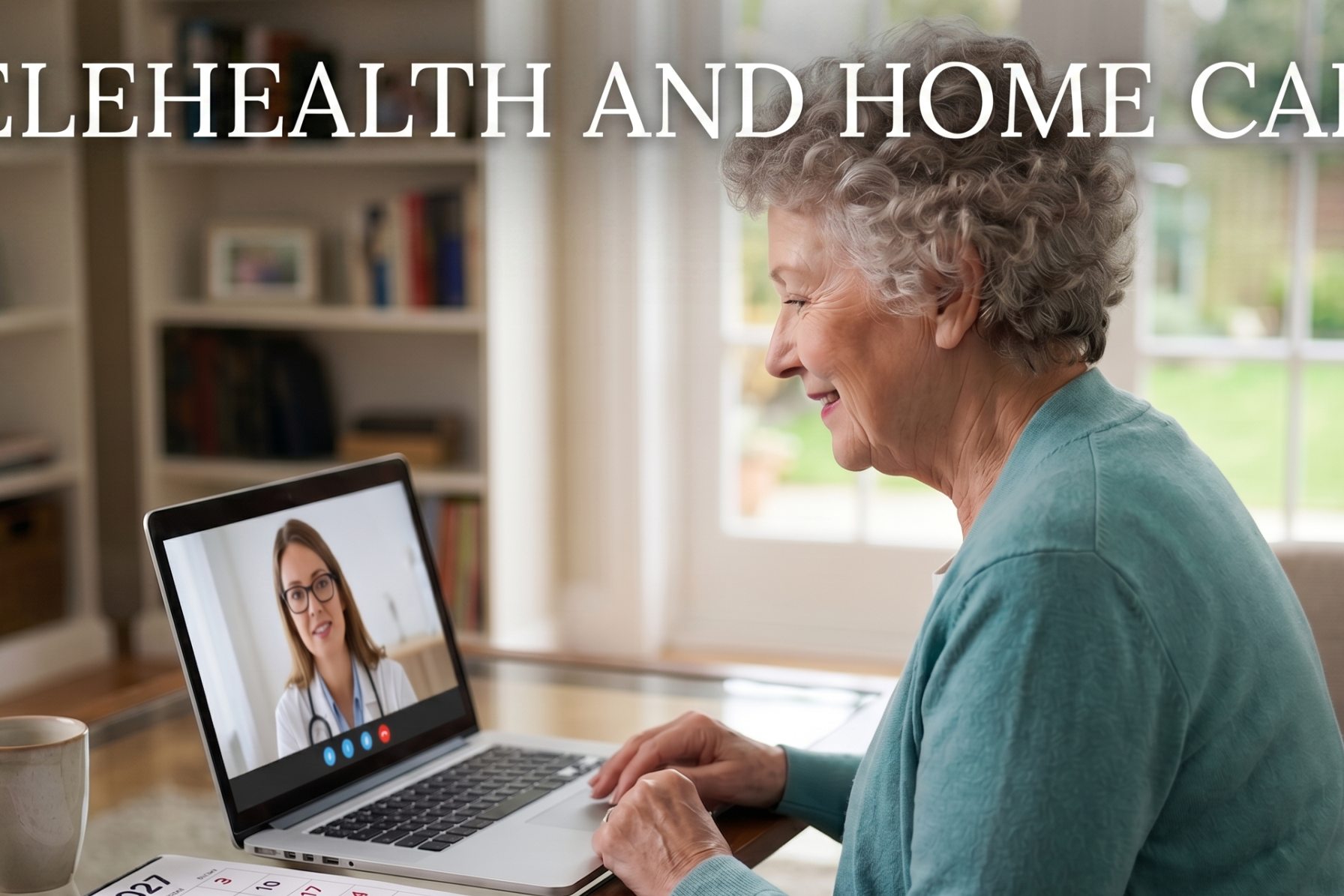 An elderly woman smiling while using a laptop for a telehealth appointment in her living room. On the table, a calendar shows December 31, 2027, is circled in red.