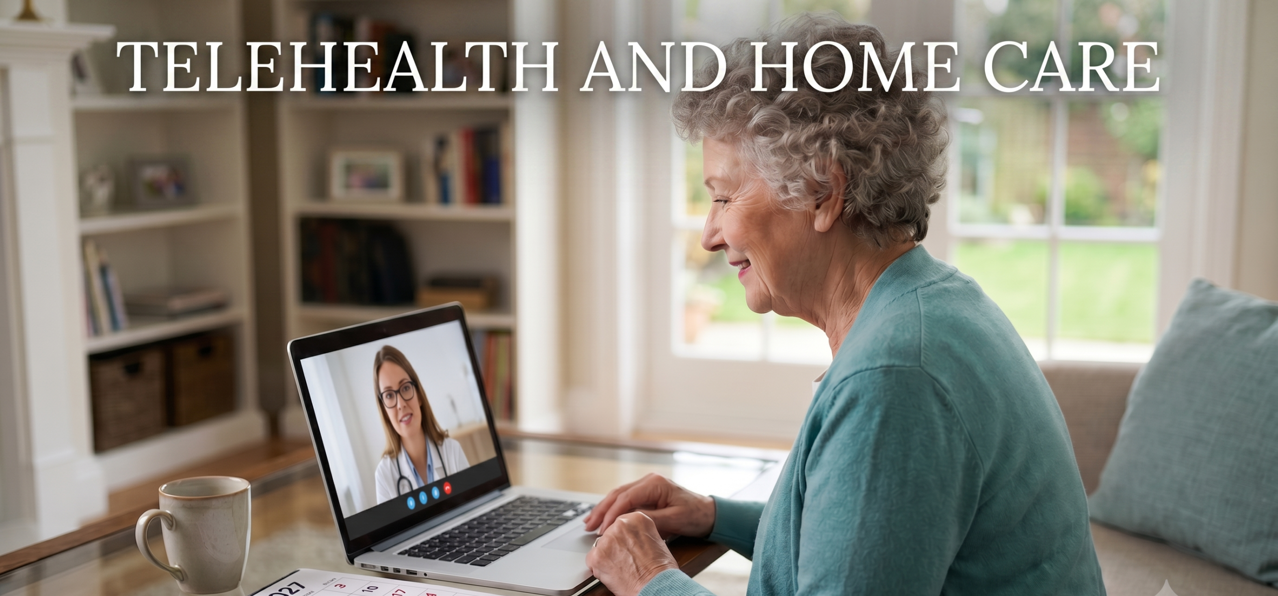 An elderly woman smiling while using a laptop for a telehealth appointment in her living room. On the table, a calendar shows December 31, 2027, is circled in red.