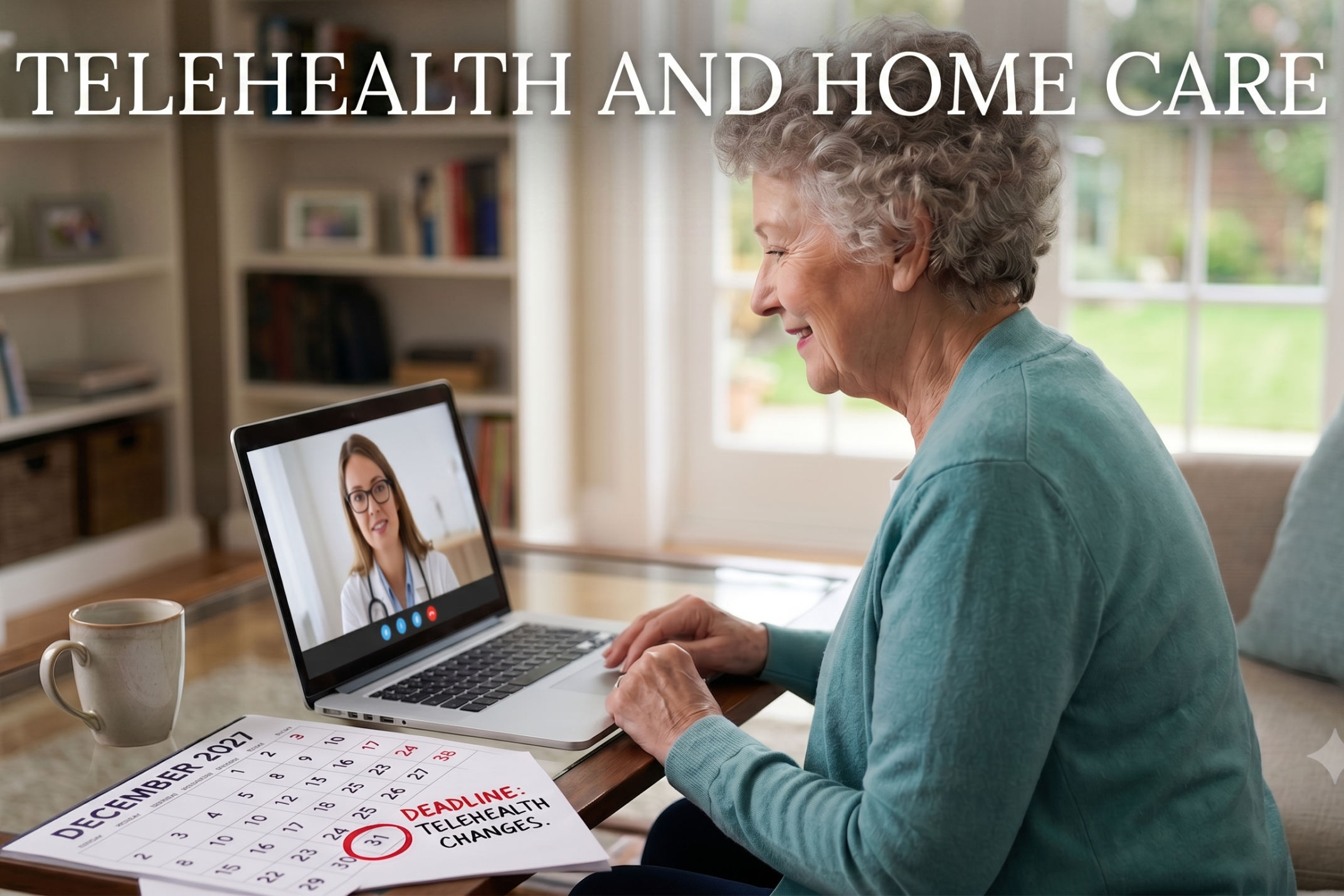 An elderly woman smiling while using a laptop for a telehealth appointment in her living room. On the table, a calendar shows December 31, 2027, is circled in red.