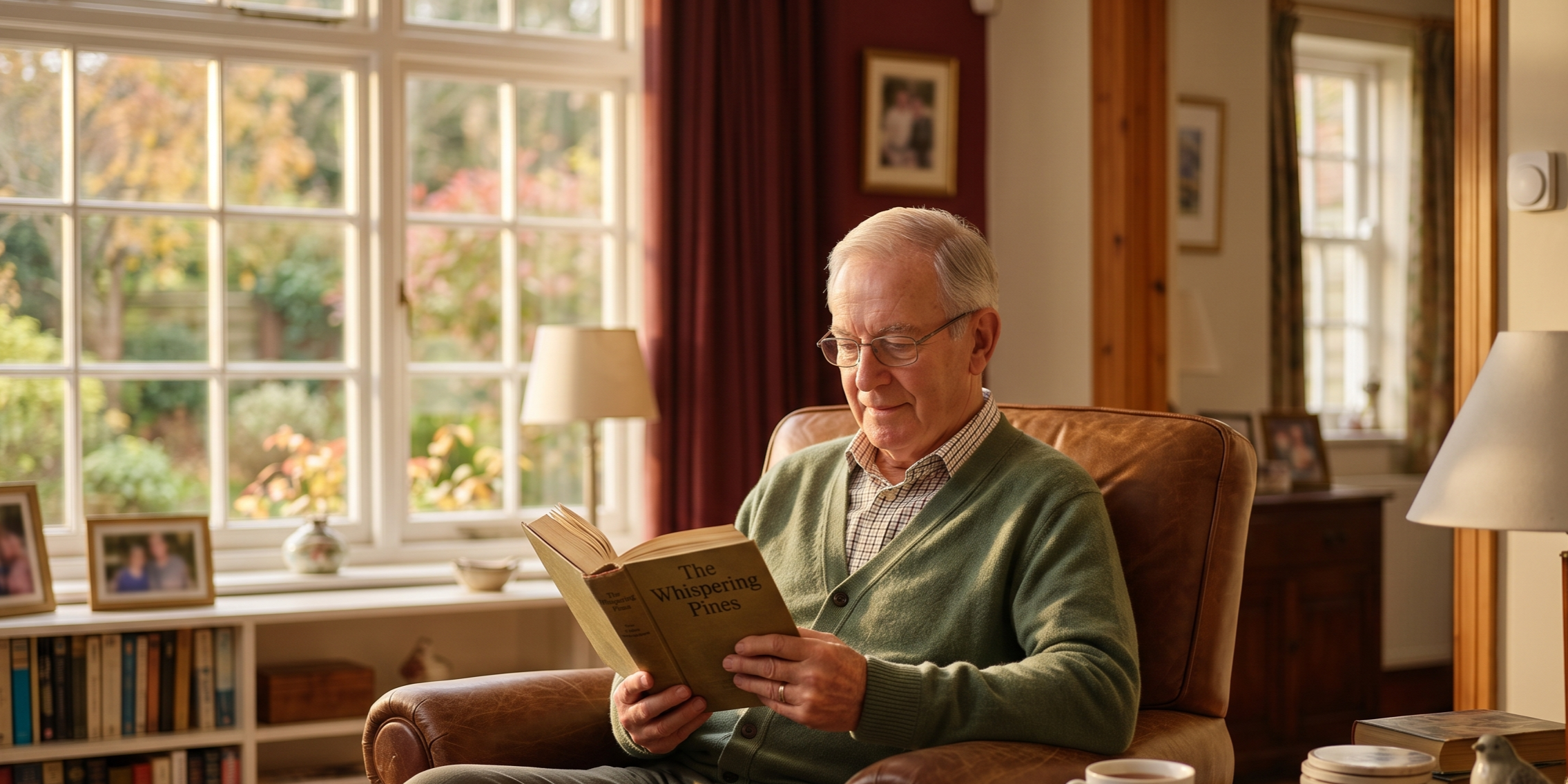An older man in a cardigan sitting in a cozy armchair reading a book by a window, with a small, unobtrusive smart sensor resting subtly on the wooden side table next to him.