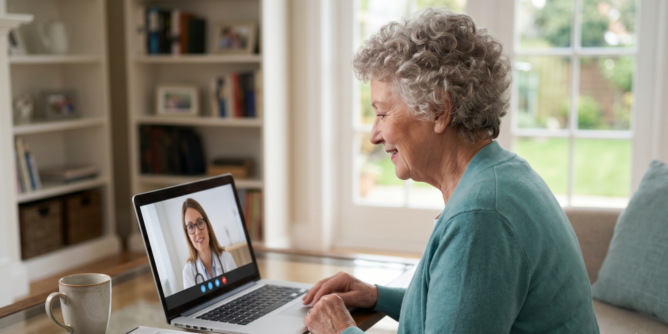 An elderly woman smiling while using a laptop for a telehealth appointment in her living room. On the table, a calendar shows December 31, 2027, is circled in red.