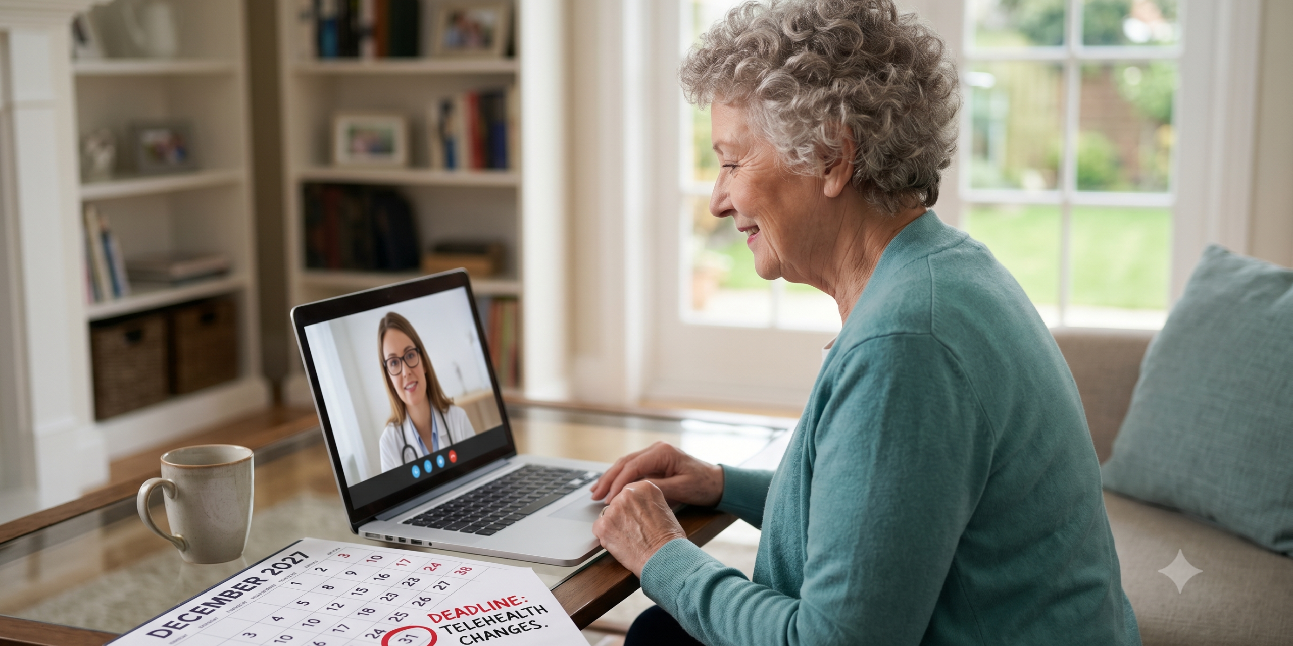 An elderly woman smiling while using a laptop for a telehealth appointment in her living room. On the table, a calendar shows December 31, 2027, is circled in red.