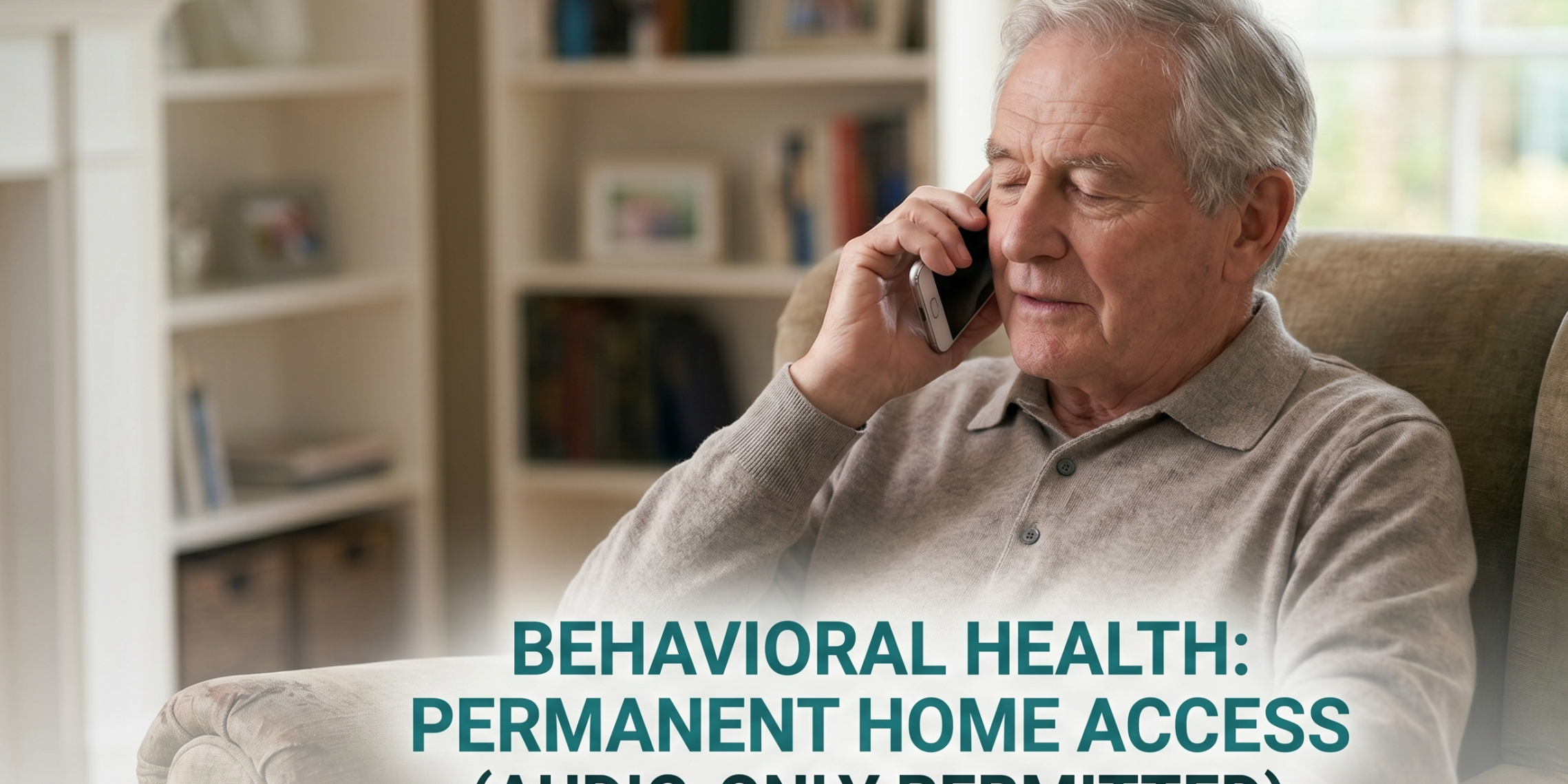 Elderly man on the phone with caption : Behavioural Health Permanent Home Access (audio only permitted)