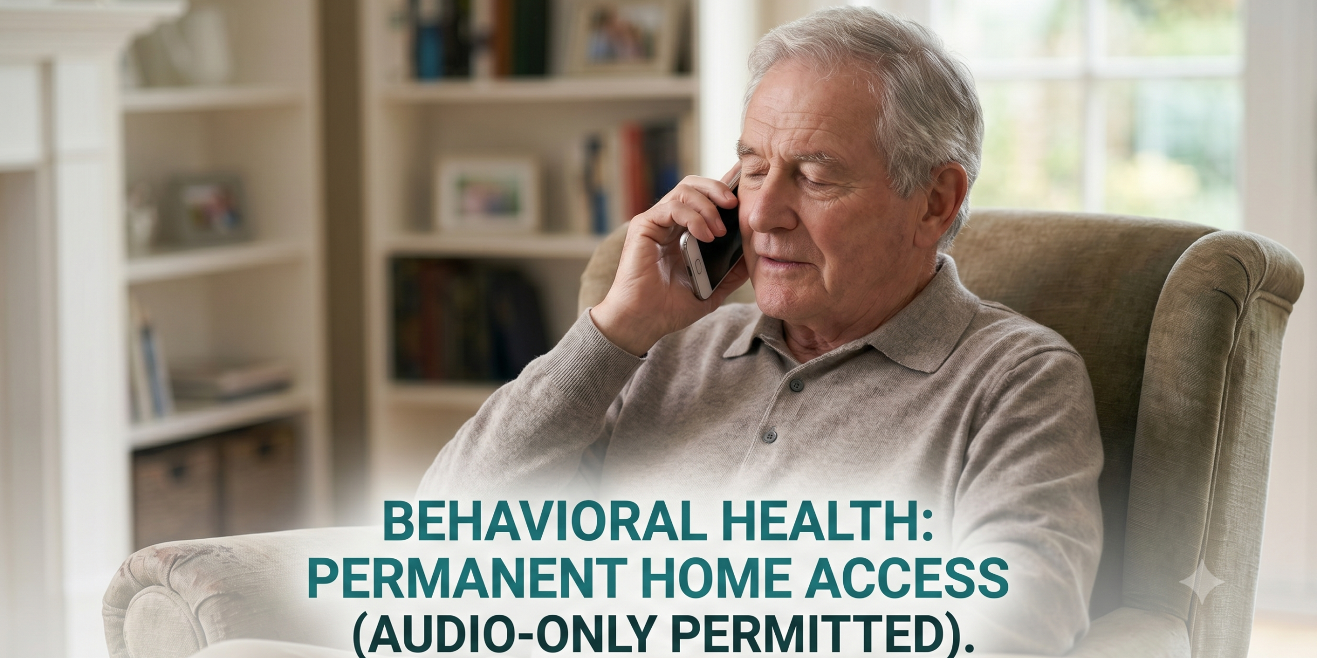 Elderly man on the phone with caption : Behavioural Health Permanent Home Access (audio only permitted)