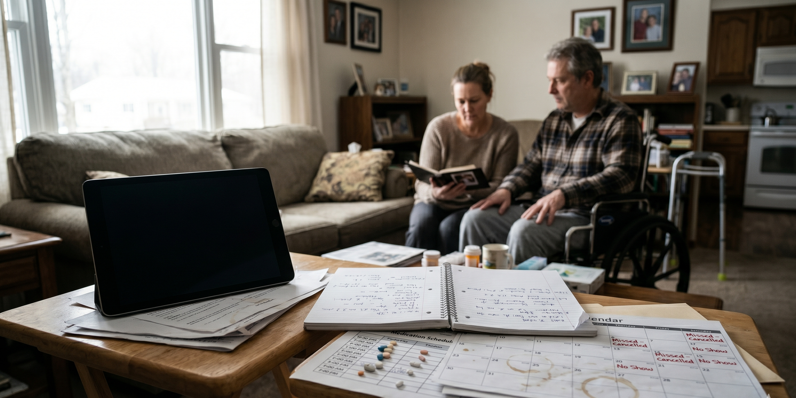 Empty telehealth tablet beside medical notes and missed appointment schedule