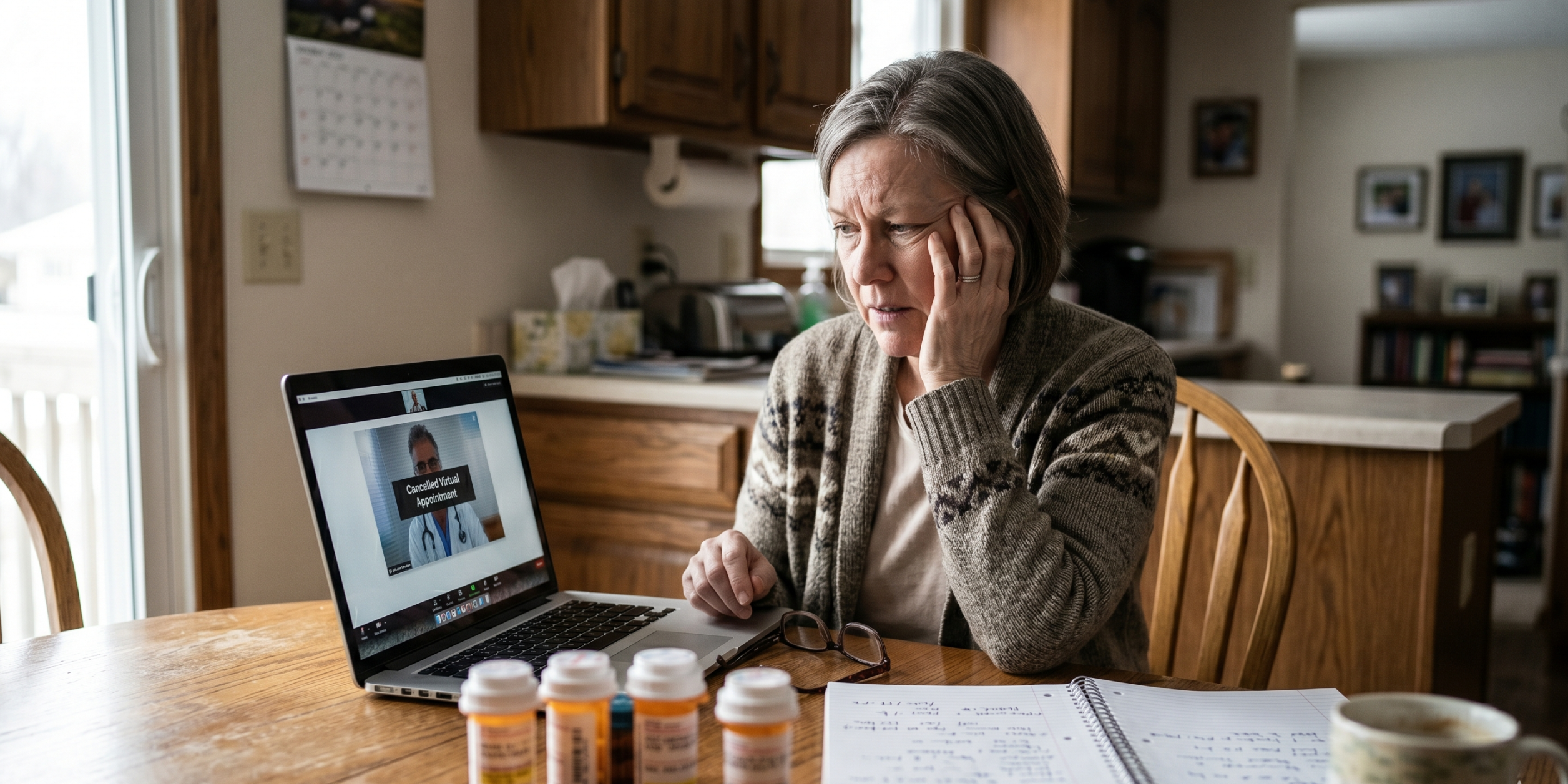 Senior woman viewing cancelled medical telehealth appointment on laptop