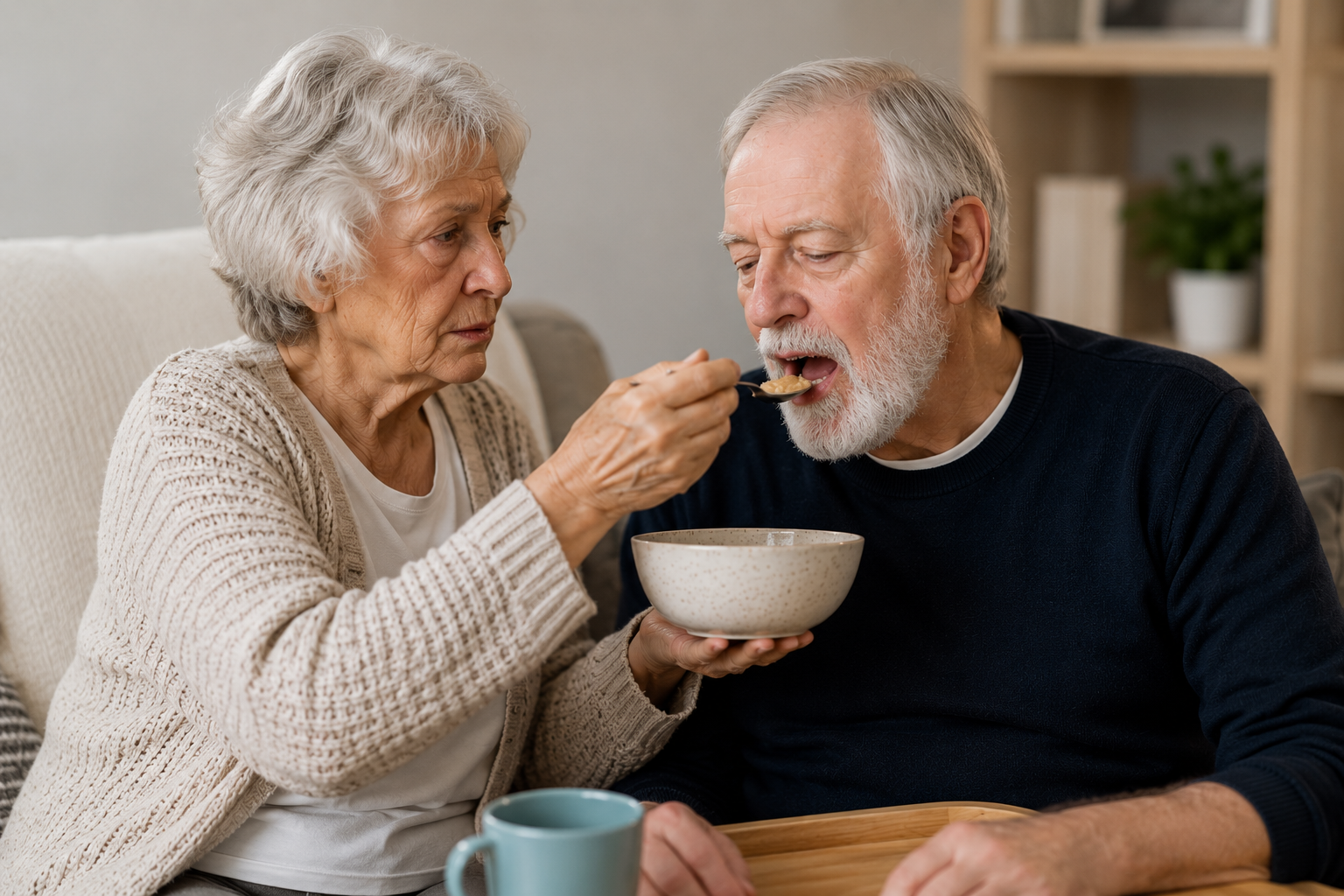 Older woman caring for her husband by helping him eat at home