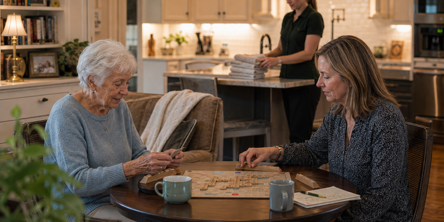 Older woman plays a word game with her daughter while a home caregiver folds towels nearby.