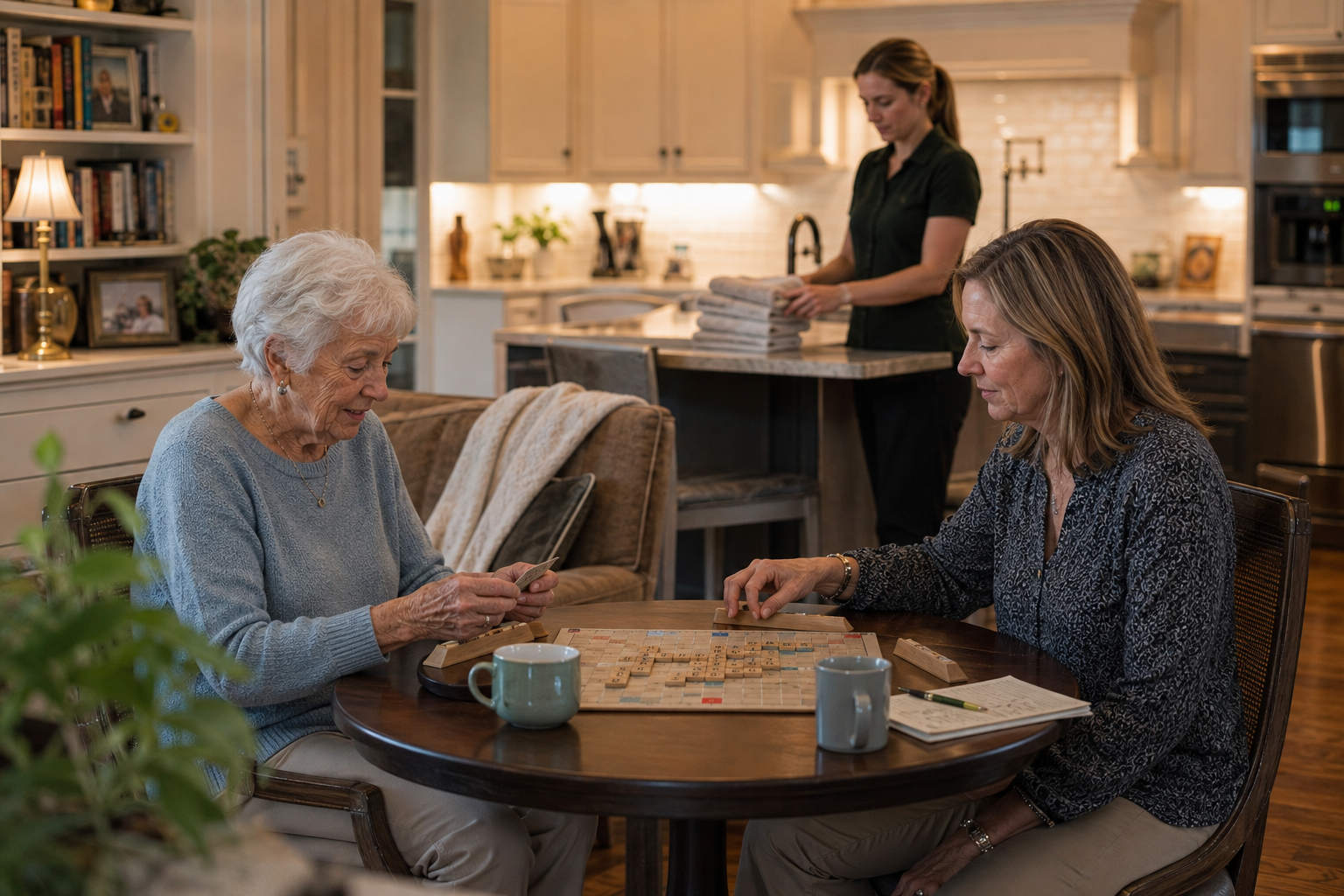 Older woman plays a word game with her daughter while a home caregiver folds towels nearby.