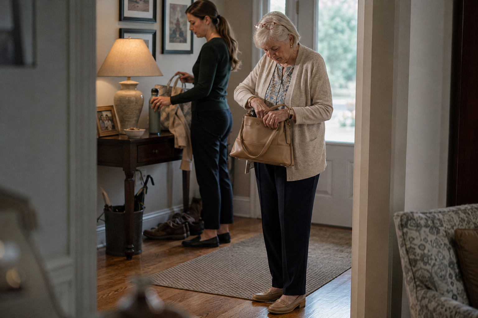 Older woman prepares for an outing at home while a caregiver helps organize items she needs.