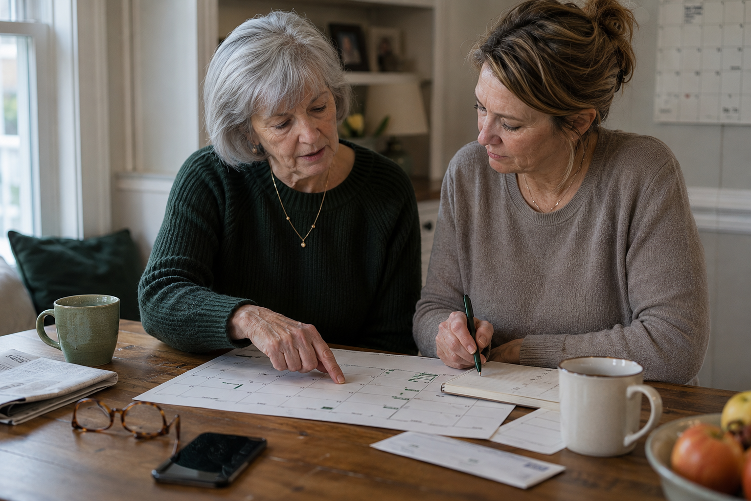 Older woman and her daughter use a weekly calendar to plan how much home care support may be needed.