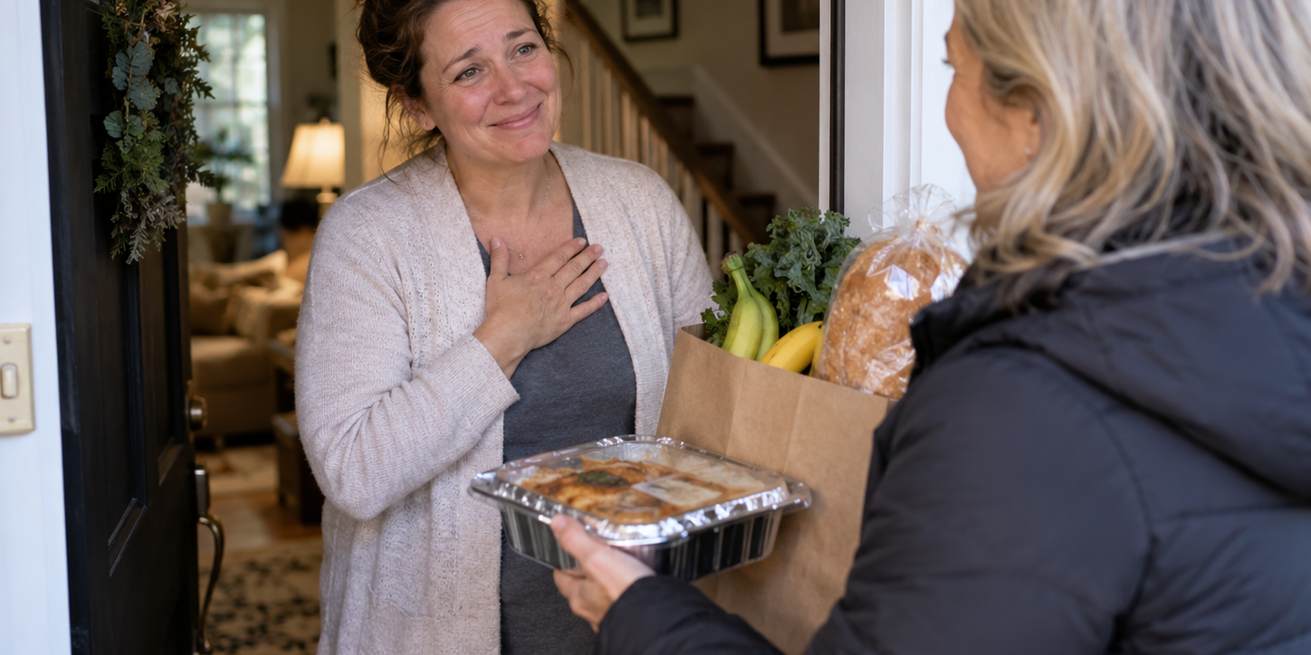 Friend delivering groceries and a prepared meal to a family caregiver at home as a practical form of support.