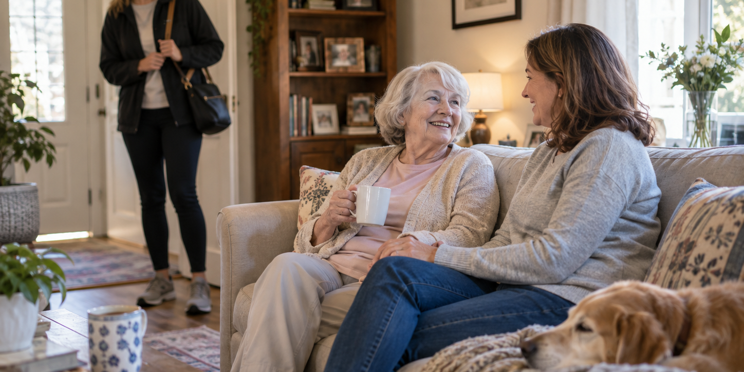 Trusted friend spending time with an older adult at home while the family caregiver prepares to leave for a short break.