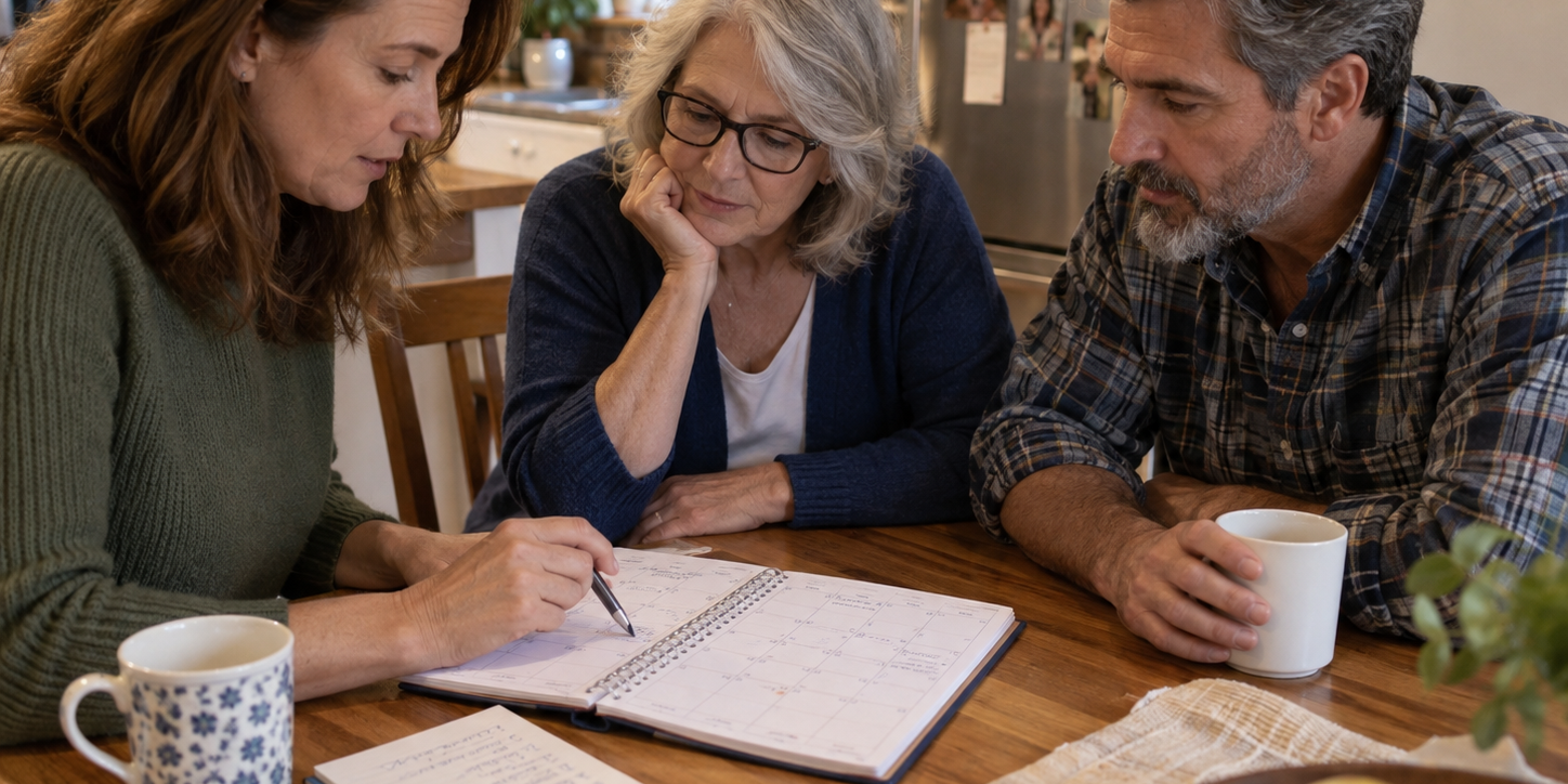 Family members using a calendar at the kitchen table to divide caregiving tasks, appointments and responsibilities.