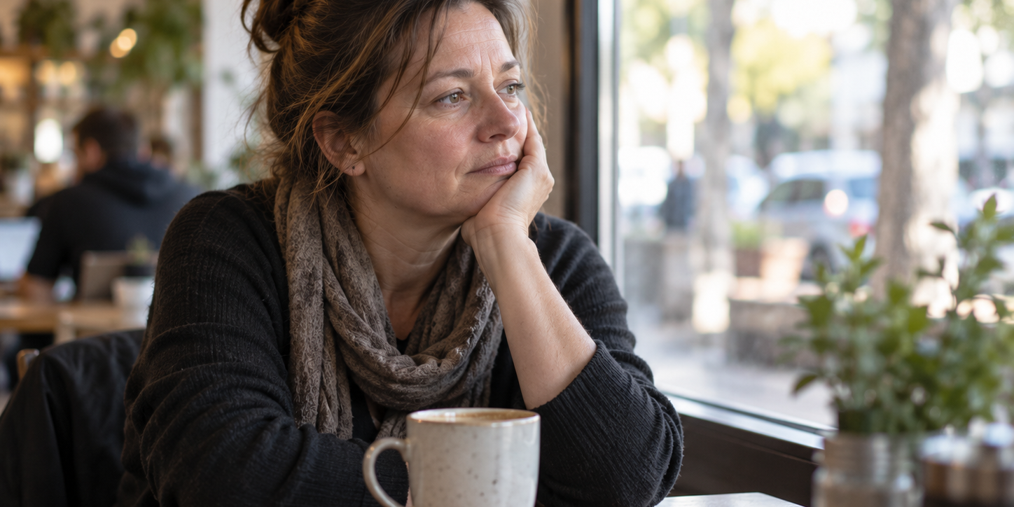 Family caregiver sitting alone at a café table, looking out the window with a thoughtful and emotionally distant expression