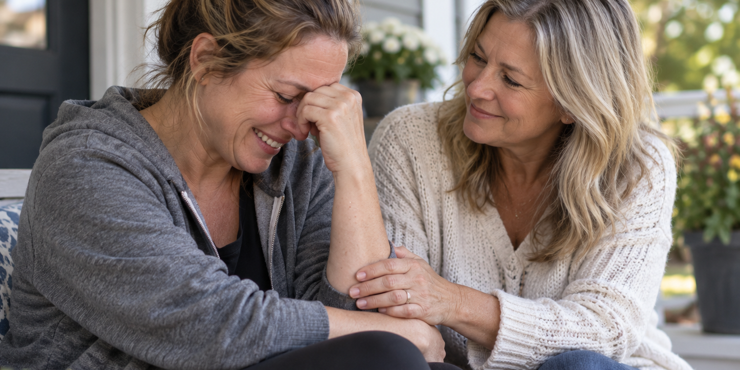 Emotional family caregiver sitting on a front porch while another woman gently comforts and listens to her