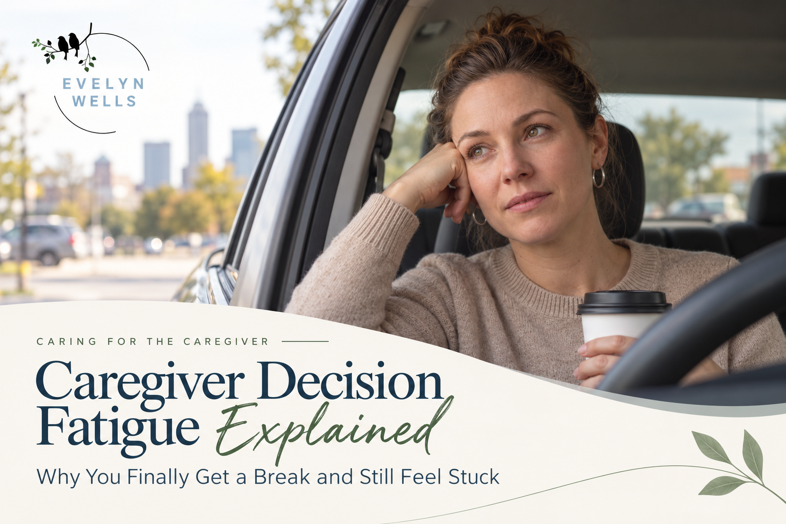 Family caregiver sitting in her car with coffee, looking emotionally drained and thoughtful during a rare break from caregiving