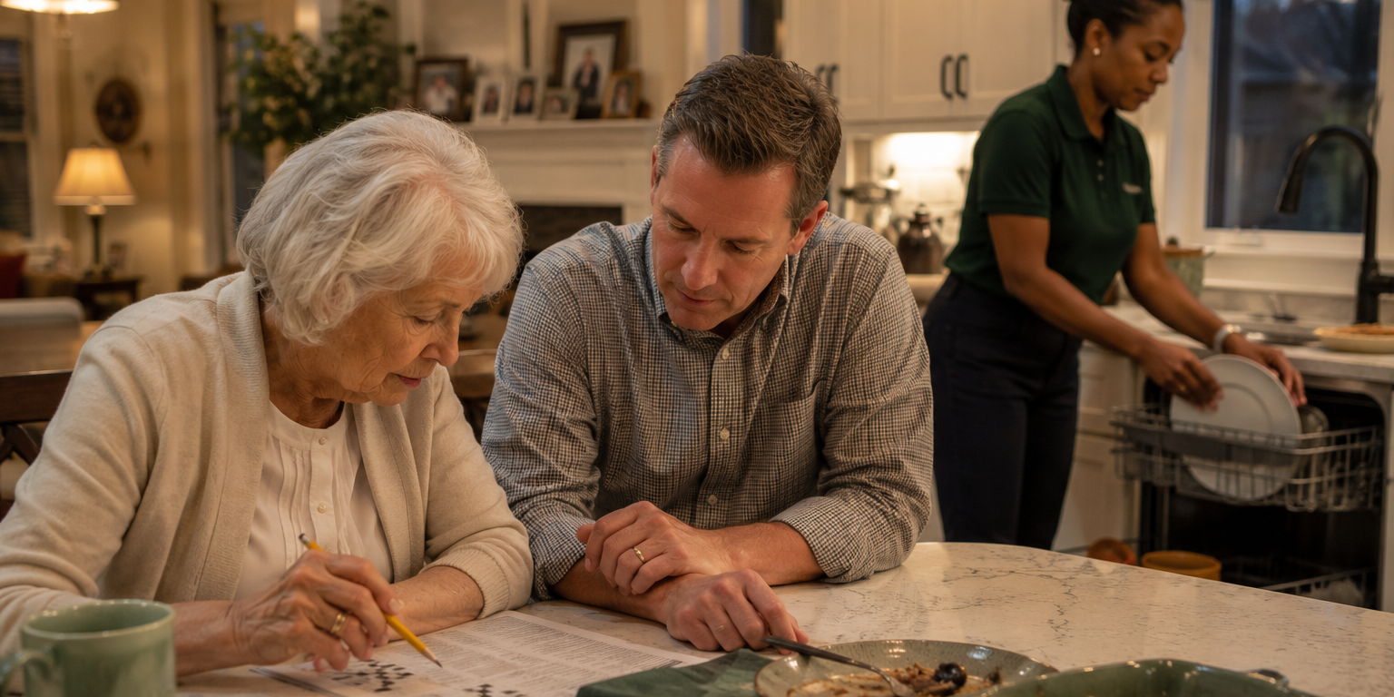 Older woman doing a crossword with her son while a home caregiver handles dishes in the kitchen.