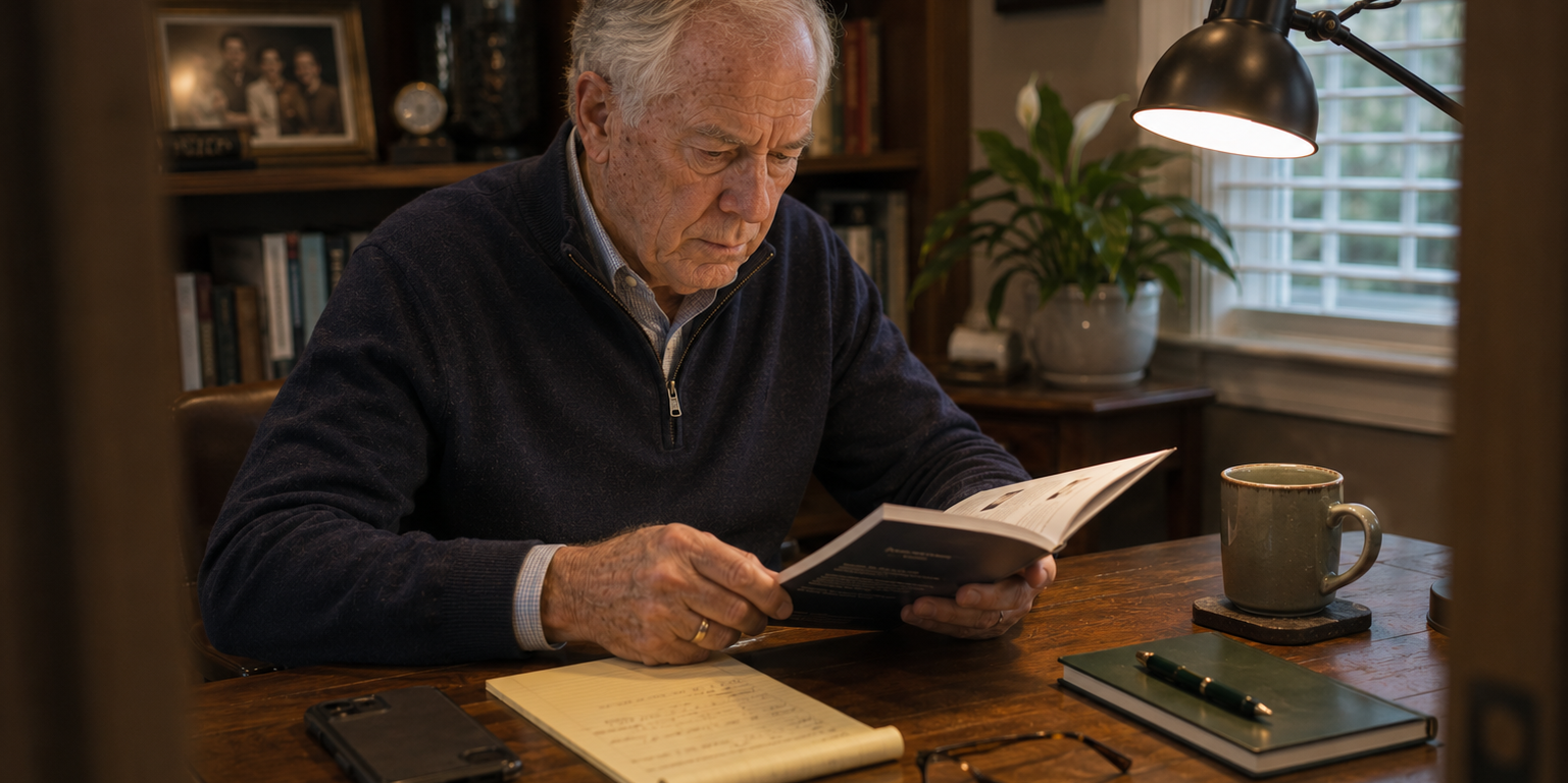 An older adult carefully reviews his insurance policy to better understand his available care benefits.