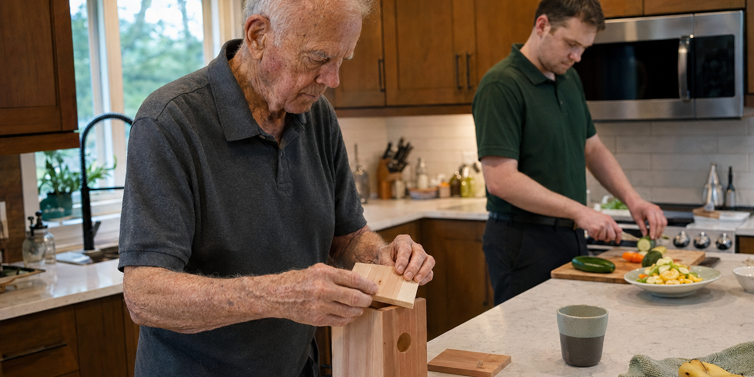 Older man works on a birdhouse at home while a caregiver prepares a meal in the kitchen.