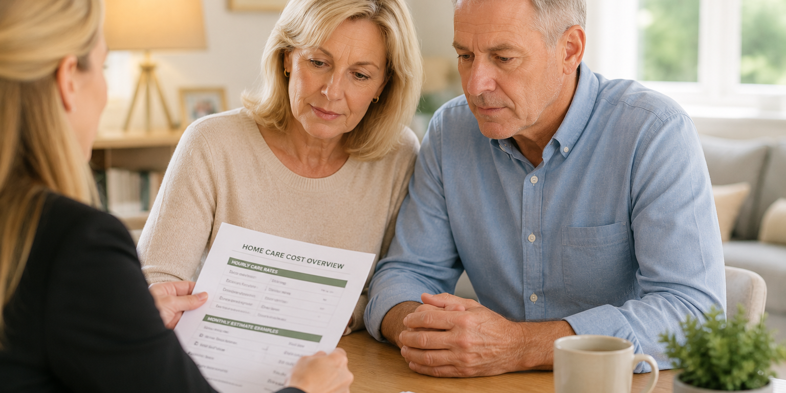 Older couple reviewing home care costs with a care professional at a table.