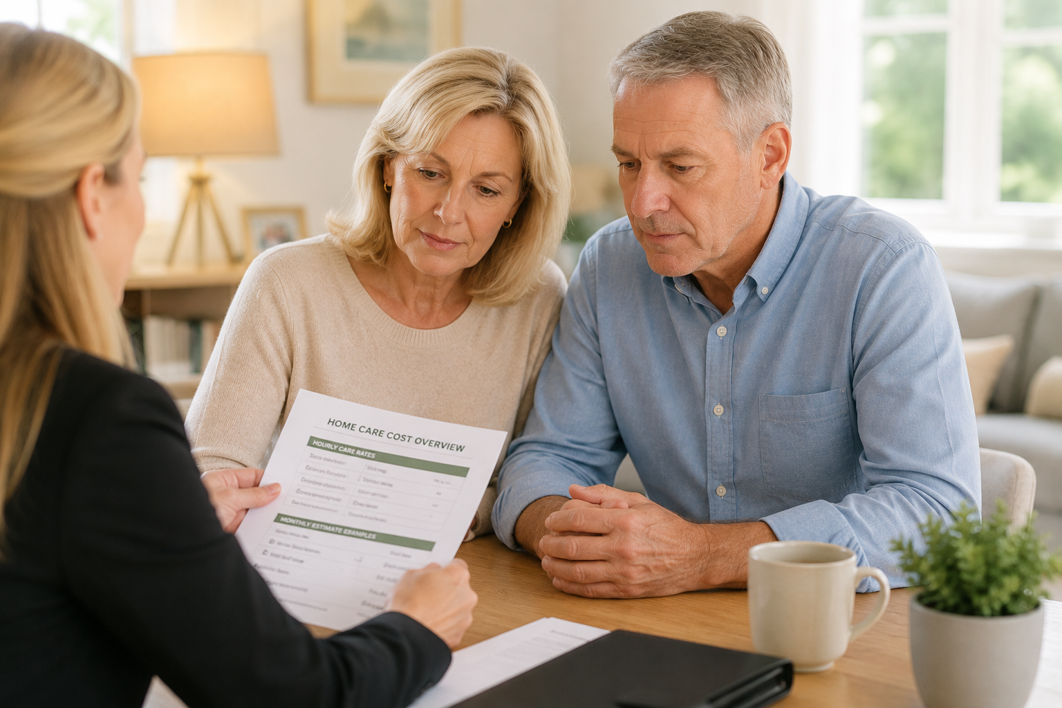 Older couple reviewing home care costs with a care professional at a table.