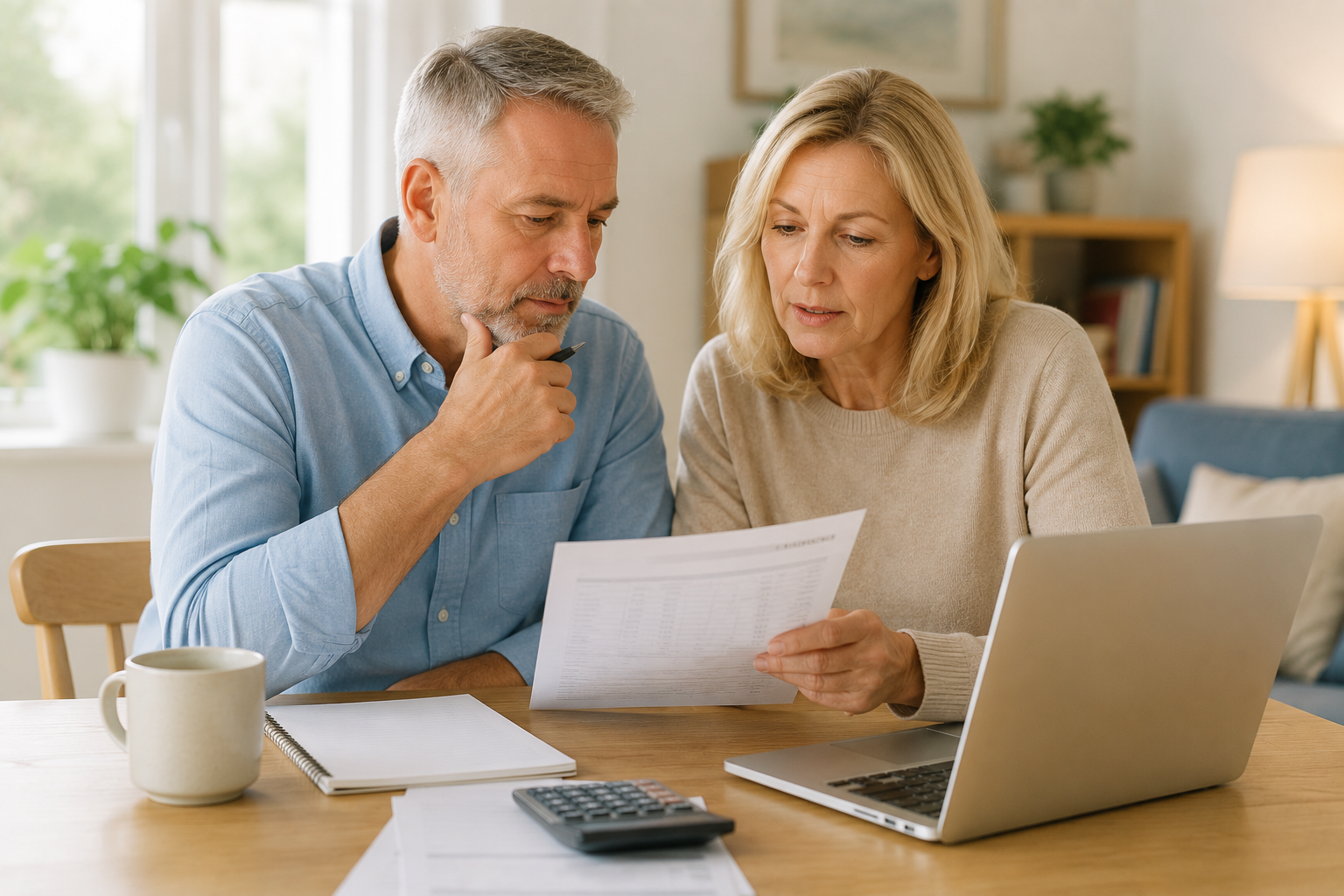 Older couple reviewing home care expenses together at their dining table.